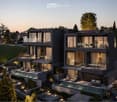 Modern two-story house with large windows, balconies, and a swimming pool in the garden area.