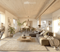 Bright living room with wooden ceiling and walls, large windows offering a view, sofa, coffee table, dining area with chairs, pendant light, and decorative vases.