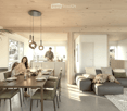 Open-plan living and dining area with a grey sectional sofa, wooden dining table with chairs, pendant lights, and a kitchen island in the background.