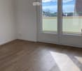 Empty room with wooden flooring and large windows offering a scenic view of mountains and a lake.