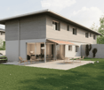 House. Modern two-story house with a flat roof, large windows, and an open patio area with outdoor furniture. A green car is parked nearby, and the surrounding area includes a well-maintained lawn and trees.