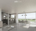 Furnished Room. Modern open-plan living and dining area with a view of the sea, featuring a sofa, coffee table, dining table with chairs, kitchen area with stools, and an oven.