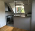 Modern kitchen with wooden flooring, stainless steel appliances, and a large window overlooking a green area.