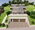 Modern two-story house with large windows, balconies, swimming pool, and garage.