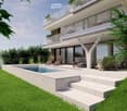 Modern house exterior with a swimming pool, lounge chairs, and a balcony with glass railings. The house features large windows and a contemporary design with a raised ground floor.