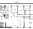 Floor plan showing a layout with multiple rooms including a kitchen, storage/archive, hallway, and several numbered rooms with dimensions.