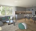 Modern open-plan living and dining area with grey sofa, glass coffee table, dining table with chairs, kitchen cabinets, pendant lights, and a view of greenery outside.