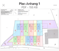 Floor plan showing multiple plots and sections with labeled areas and measurements, including various colored zones and numerical designations.