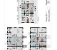 Floor plan of a multi-level residential building showing three floors with multiple rooms including kitchens, bathrooms, living areas, bedrooms, and studios.