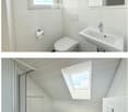 Two modern bathrooms with white tiles, a toilet, sink, mirror, and bathtub. The second bathroom features a skylight window and dark tiled flooring.