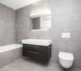 Modern bathroom with grey tiled walls and floor, featuring a bathtub, sink with a black cabinet, toilet, and a mirrored cabinet with built-in lighting above the sink.