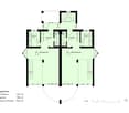 Ground floor floor plan showing two living areas, two kitchens, two bathrooms, and a hallway.