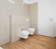 Modern bathroom with wooden flooring, white tiles, a toilet, a bidet, and a sink. Features a glass shower enclosure and a white door.