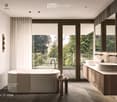 Modern bathroom with a freestanding bathtub, double sink vanity, large window with view, and a small stool beside the tub.