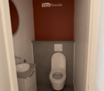 Modern compact bathroom with a toilet, sink, and faucet, featuring a dark grey wall and a brown accent wall.