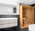 Modern bathroom with a double sink, large mirror, and a wooden sauna unit.