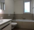 Modern bathroom with a white sink, toilet, bathtub, and a large mirror above the sink. Features a window with frosted glass and a handheld showerhead.