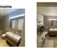Two modern bathrooms: one with a bathtub, toilet, sink, and mirror; the other with a washing machine, toilet, sink, and mirror.