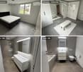 Modern bedroom with a large bed, nightstand, and large windows offering a view of the outdoors.