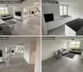 Modern open-plan living and dining area with grey sofa, armchair, coffee table, TV, and a sleek kitchen with island, sink, and pendant lights.