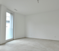 Empty room with white walls, ceiling and tiled floor, large window with balcony