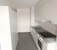 modern white kitchen with granite countertops, stainless steel sink, dishwasher, oven and microwave