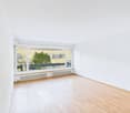 wide windows with white frame, balcony, wooden floor, white wall, radiator