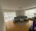 Living room: grey sectional sofa, wooden floor, coffee table, TV, area rug, white curtains, glass doors