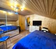 Spacious bedroom with wooden walls and ceiling, large bed with blue bedding, TV stand, and mirrored closet doors