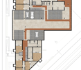 The floor plan shows a multi-unit residential building with several apartments. It includes a garage and parking spaces. The building has a U-shaped layout with a central courtyard or open space. The apartments appear to have 2-3 bedrooms and bathrooms, a