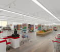 Shopping center interior with multiple aisles, checkout counters, shopping trolleys, shelves stocked with various products, and produce section.