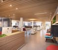 Modern office with wooden desk, glass wall, desks, monitors, plants, chairs, coat rack