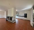 Open space, fireplace, tiled floor, white walls, kitchen area with built-in appliances, light fixtures