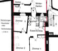 Floor plan with three rooms, kitchen, bathroom, entrance, staircase to terrace, attic, balcony, winter garden, attic room