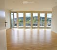 Empty room with large windows, balcony, wooden floor, electric outlets