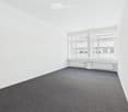 empty room, white walls, gray carpet, large window, radiators