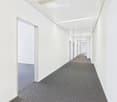 Empty hallway with white walls, gray carpet, and doors on both sides.