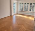 Empty room with parquet flooring, white walls, glass doors, large windows, and built-in radiators