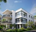 3 story apartment building, white exterior, large windows, multiple balconies, well-kept garden, driveway