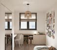 Room with desk, chair, bed, cabinet, wooden floor, lamp, shelf with books, picture wall, and a view