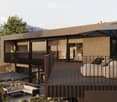 Modern house, 2 story, balcony with umbrellas and seating, scenic view, large windows, wooden railings