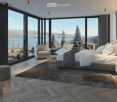 spacious bedroom with large windows, floor-to-ceiling glass walls, elegant bed, bedside tables, decorative cushions, large area rug, armchairs