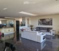 modern living room, white couches, large windows, large mirror, white walls, plants, artwork