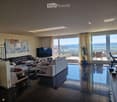 modern living room, large windows, balcony, flat screen TV, couches, coffee table, plants