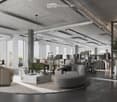 spacious open floor plan, desks, chairs, large windows, greenery, reading area, round coffee table, round rug, round couch
