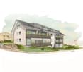 Apartament building, 4 floors, balconies, planted area
