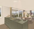 kitchen, dining area, living room, terrace, large windows