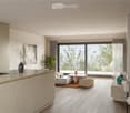 modern kitchen, island countertop, balcony, large windows, indoor plants, modern furniture, city view