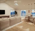 large sofa, wooden floor, large windows, dining table, TV, wooden table, wooden chairs, wooden cabinet, pendant lights