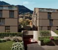 2 story house, brown exterior, glass balconies, raised ground floor, garage, garden, mountain view